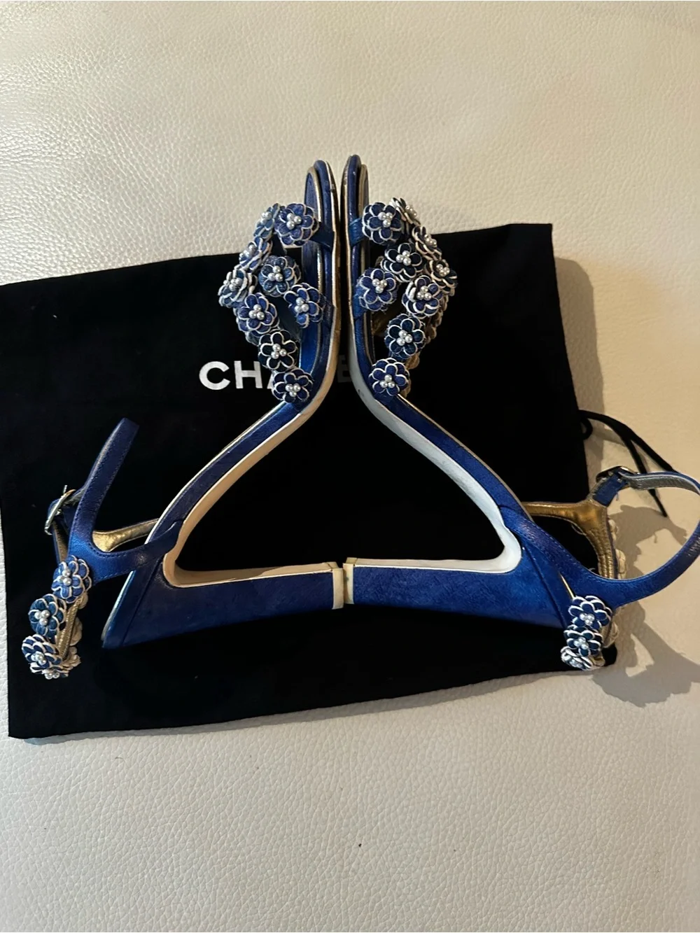 Chanel Vivid Blue Camellia Pearls CC Ankle Strap Sandals Eu 36